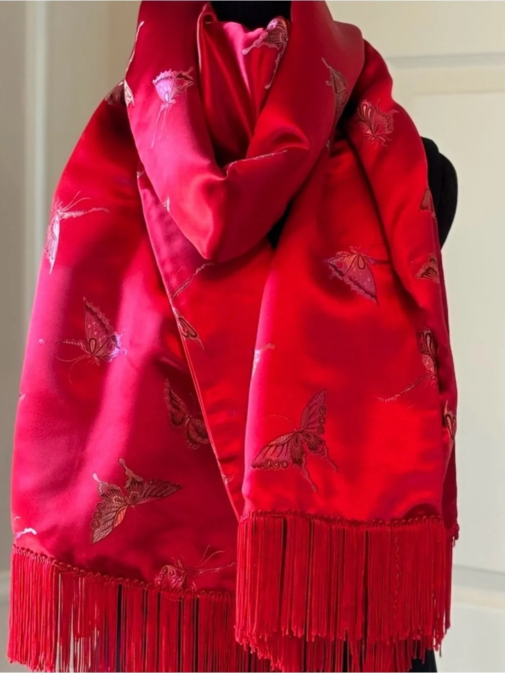 Vintage Red Silk Satin Butterfly Jacquard Scarf Wrap Fringe Shawl Evening Opera